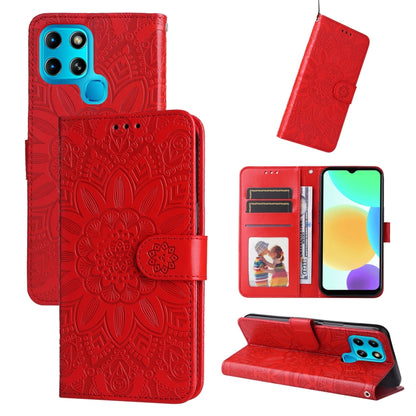 Red embossed sunflower leather wallet phone case with card slots and stand (front and back)