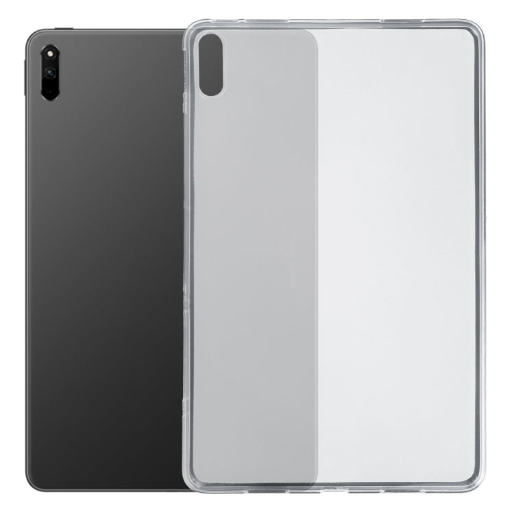 Frosted clear TPU tablet case on dark tablet, transparent protective back