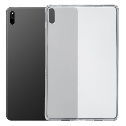 Frosted clear TPU tablet case on dark tablet, transparent protective back
