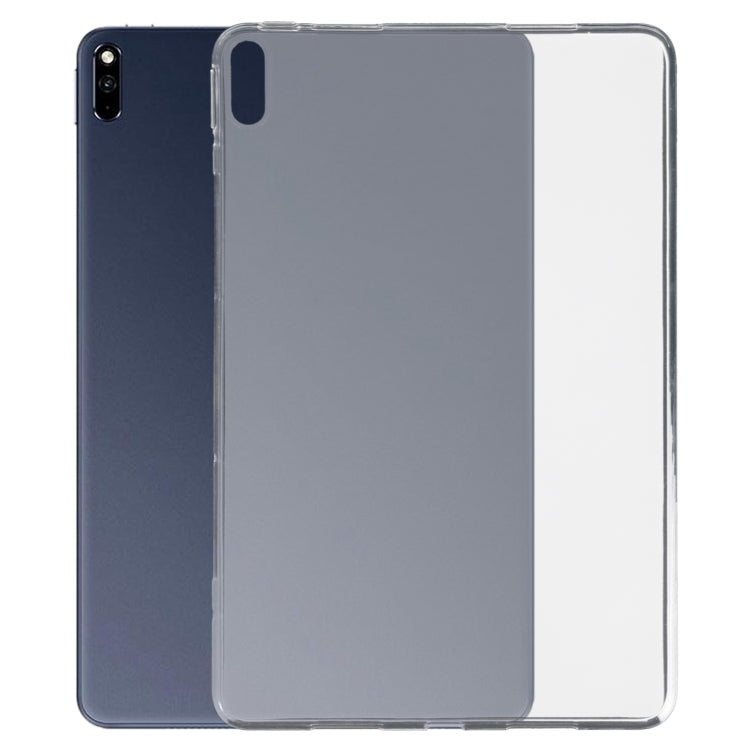 Frosted clear TPU tablet case on dark tablet, front camera and side cutouts visible