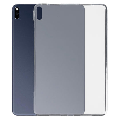 Frosted clear TPU tablet case on dark tablet, front camera and side cutouts visible