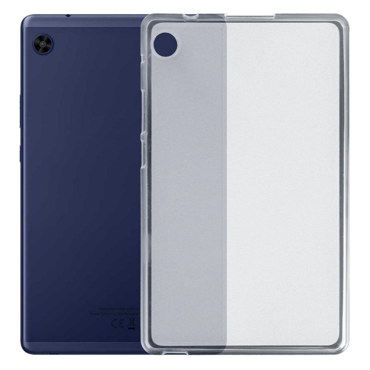 Frosted clear TPU tablet case with camera cutout on navy tablet