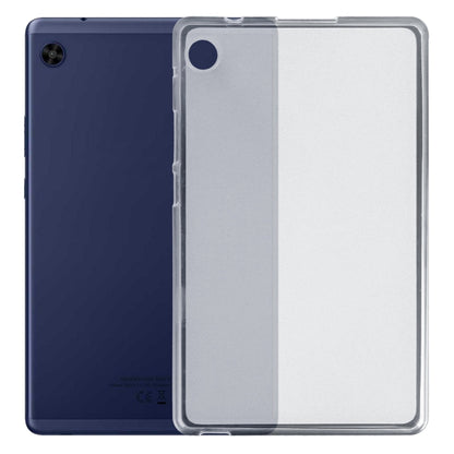 Frosted clear TPU tablet case with camera cutout on navy tablet