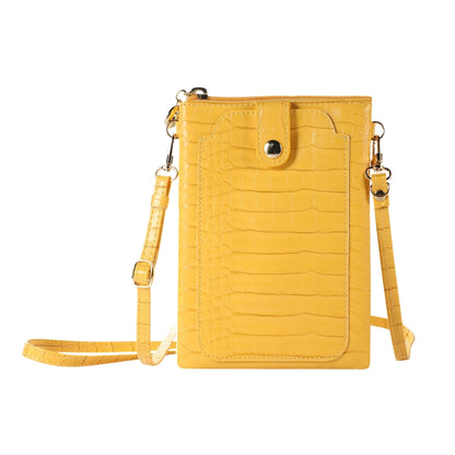 Yellow faux-croc card holder mobile phone bag with zip closure and long shoulder strap