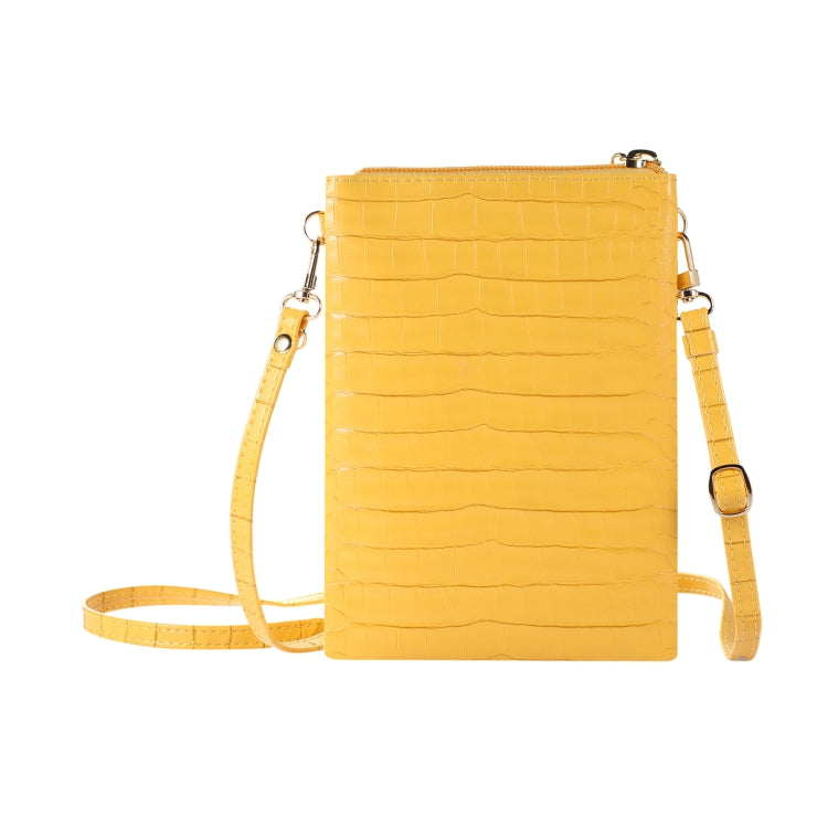 Yellow faux-croc zip-top card holder mobile phone bag with dual shoulder straps
