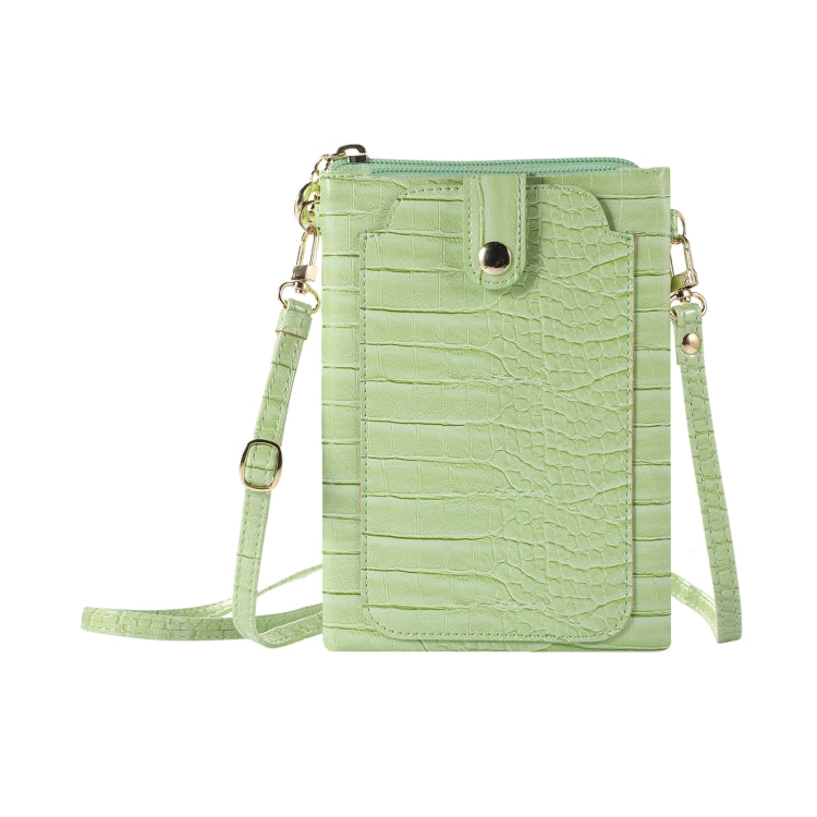 Green faux-croc card holder mobile phone bag with zip closure and long shoulder strap