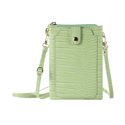 Green faux-croc card holder mobile phone bag with zip closure and long shoulder strap