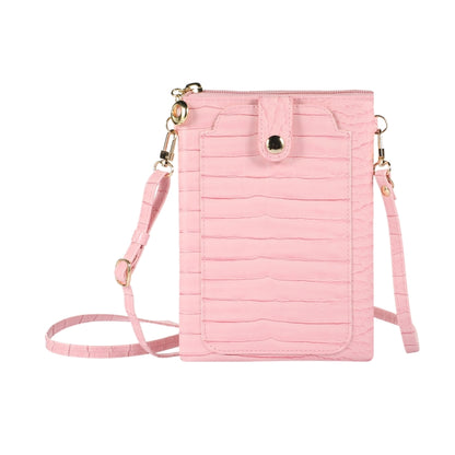 Pink faux-croc card holder mobile phone bag with zip closure and long shoulder strap