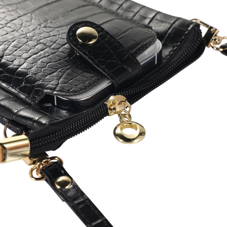 Black faux-croc card holder mobile phone bag with zippered main compartment detail