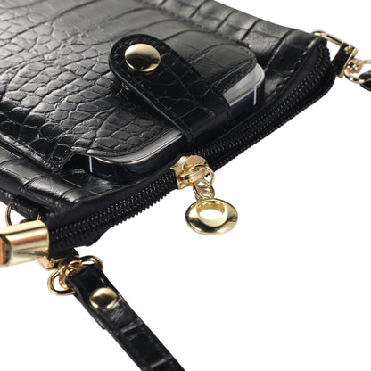 Black faux-croc card holder mobile phone bag with zippered main compartment detail