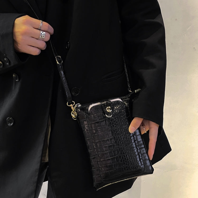 Black faux-croc card holder mobile phone bag worn with chain shoulder strap