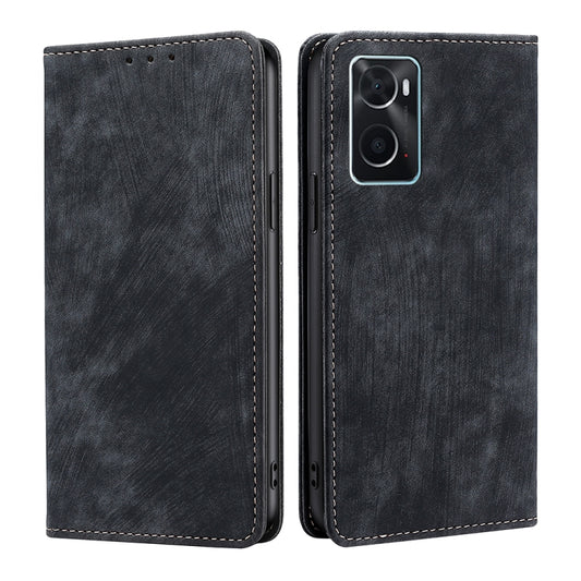 RFID blocking leather folio phone case in dark gray/black with stitched edges and camera cutout