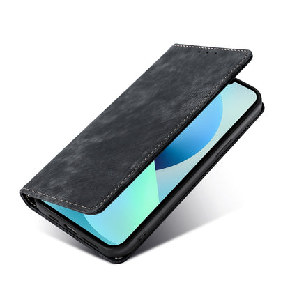 Black magnetic leather phone wallet case, angled view showing cover and edge protection