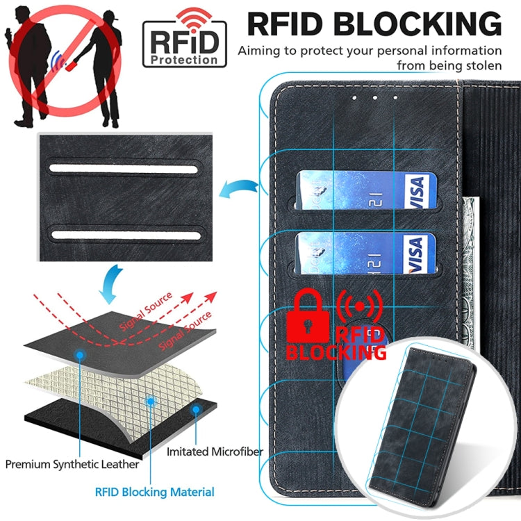 Black RFID blocking magnetic phone wallet case, with cards shown inside slots