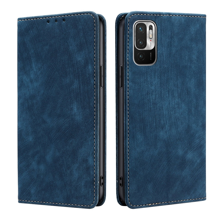 Blue magnetic leather phone wallet case, front and back with stitching and camera cutout