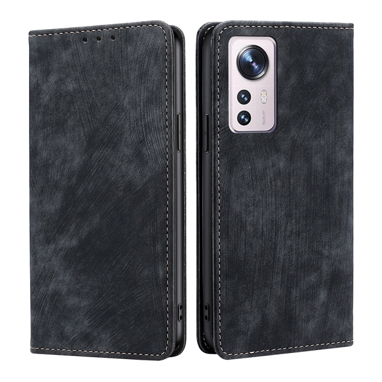 Black magnetic leather phone case with stitched edges and camera cutout