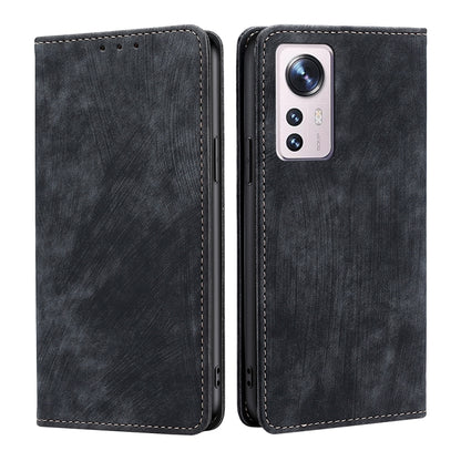 Black magnetic leather phone case with stitched edges and camera cutout