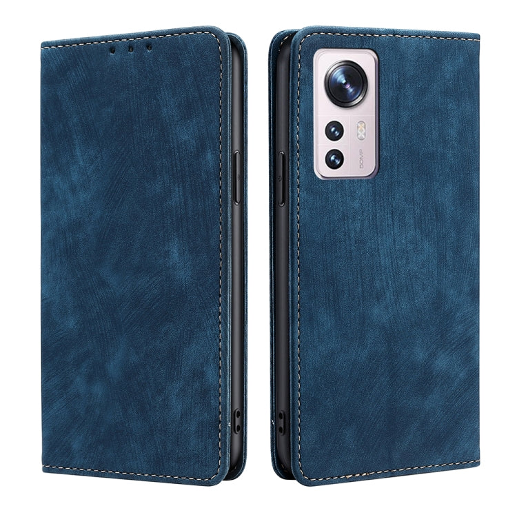 Blue magnetic leather phone case with stitched trim and rear camera cutout