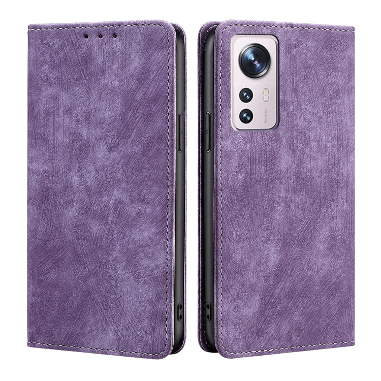 Purple magnetic leather phone case with stitched edges and rear camera cutout