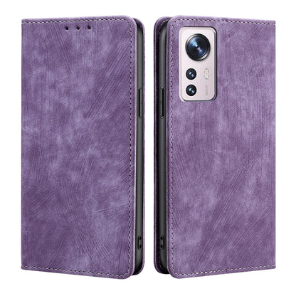 Purple magnetic leather phone case with stitched edges and rear camera cutout