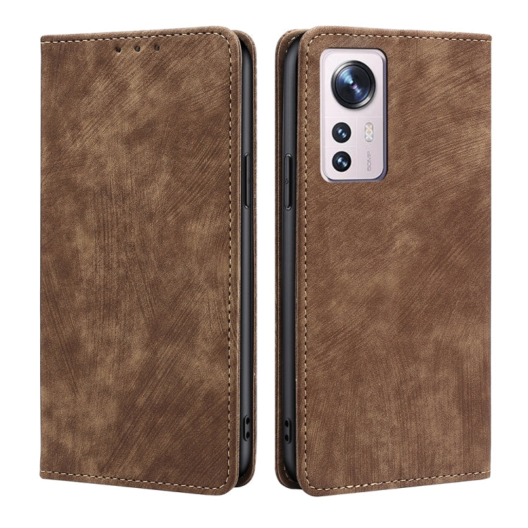 Brown magnetic leather phone case with stitched trim and rear camera cutout