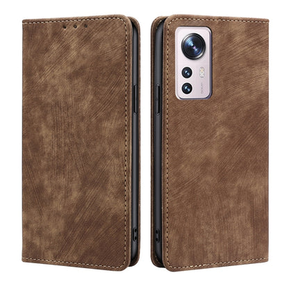 Brown magnetic leather phone case with stitched trim and rear camera cutout