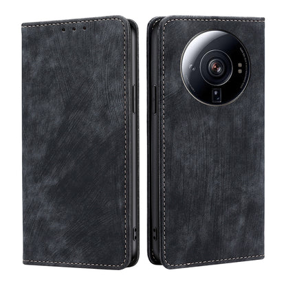 Black magnetic leather phone case with lens cutout and side opening ports