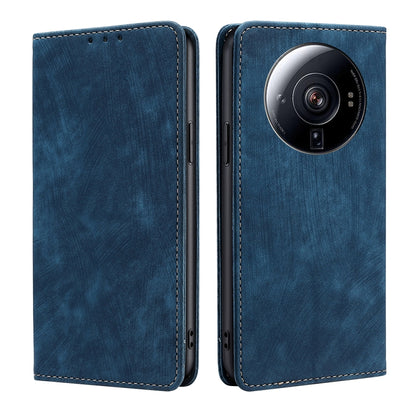 Blue magnetic leather phone case with lens cutout and stitched side ports