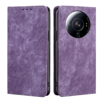 Purple magnetic leather phone case with lens cutout and stitched side ports