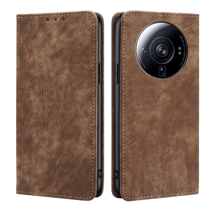 Brown magnetic leather phone case with lens cutout and stitched side openings