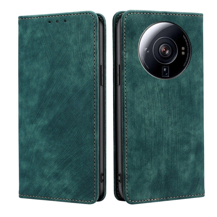 Green magnetic leather phone case with lens cutout and stitched side openings