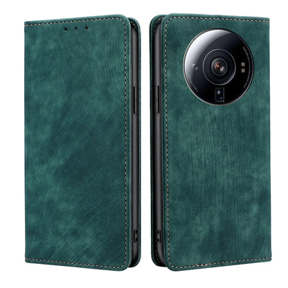 Green magnetic leather phone case with lens cutout and stitched side openings