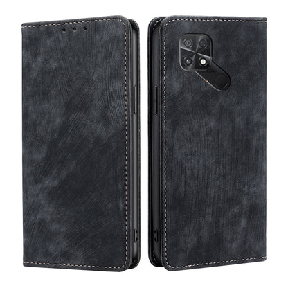 RFID anti-theft magnetic leather phone case, black folio with stitched border and camera cutout