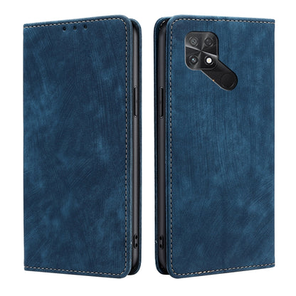 RFID anti-theft magnetic leather phone case, blue folio with stitched border and rear camera openings