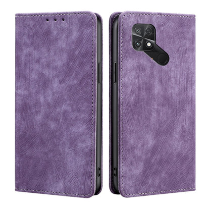 RFID anti-theft magnetic leather phone case, purple folio with stitched border and rear camera openings