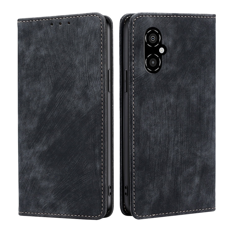 RFID anti-theft magnetic leather phone case, dark gray-black folio with stitched border and dual-camera cutout