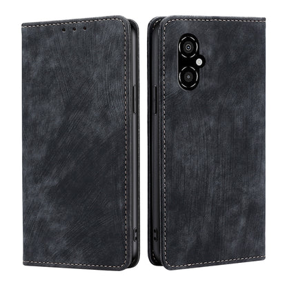 RFID anti-theft magnetic leather phone case, dark gray-black folio with stitched border and dual-camera cutout