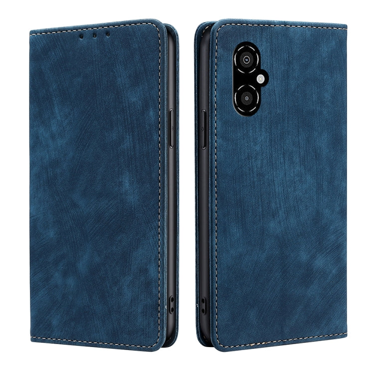 RFID anti-theft magnetic leather phone case, blue folio with stitched border and dual-camera cutout