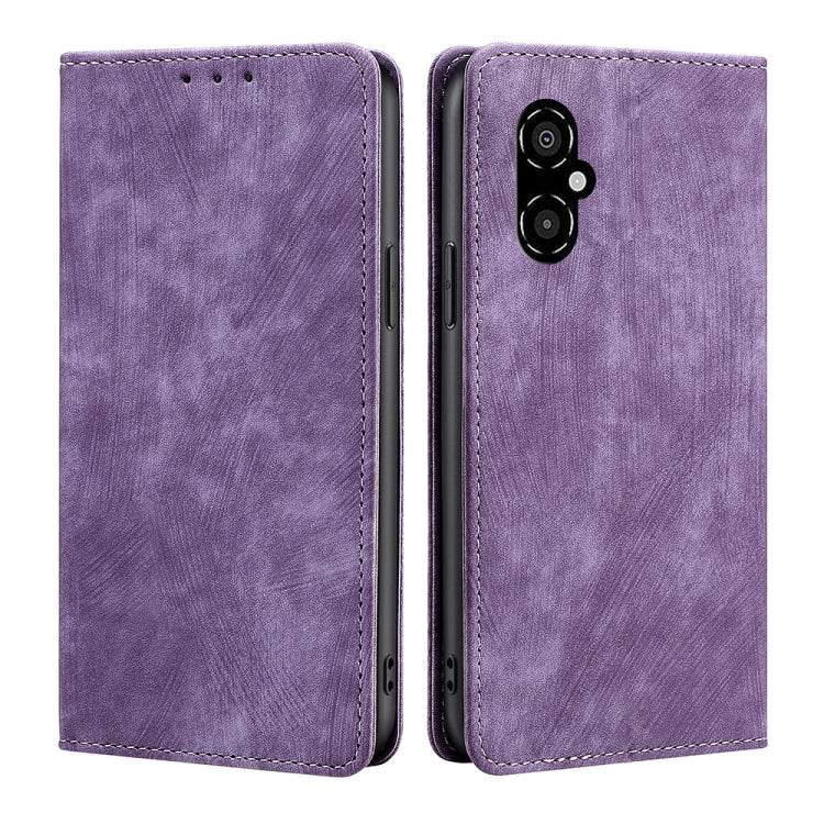 RFID anti-theft magnetic leather phone case, purple folio with stitched border and dual-camera cutout