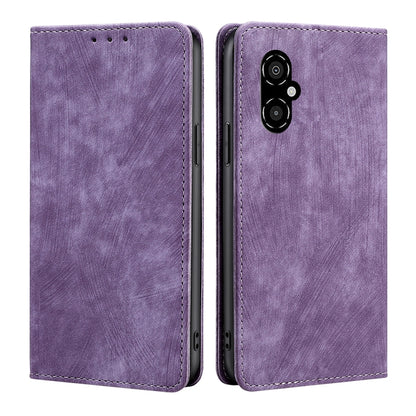 RFID anti-theft magnetic leather phone case, purple folio with stitched border and dual-camera cutout