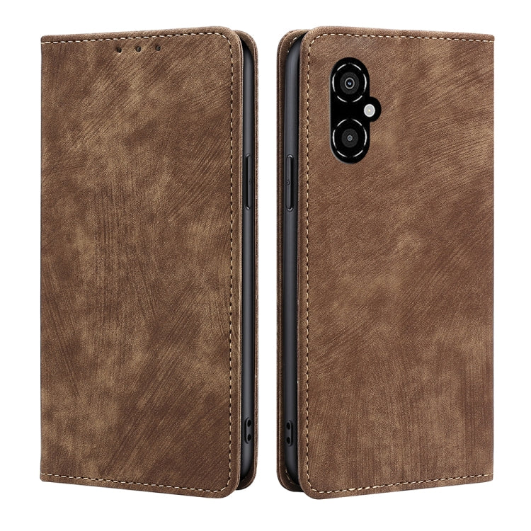 RFID anti-theft magnetic leather phone case, brown folio with stitched border and dual-camera cutout