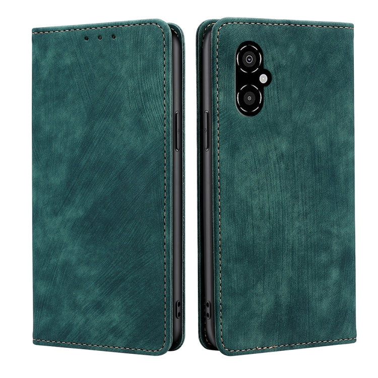 RFID anti-theft magnetic leather phone case, green folio with stitched border and dual-camera cutout