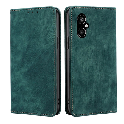 RFID anti-theft magnetic leather phone case, green folio with stitched border and dual-camera cutout