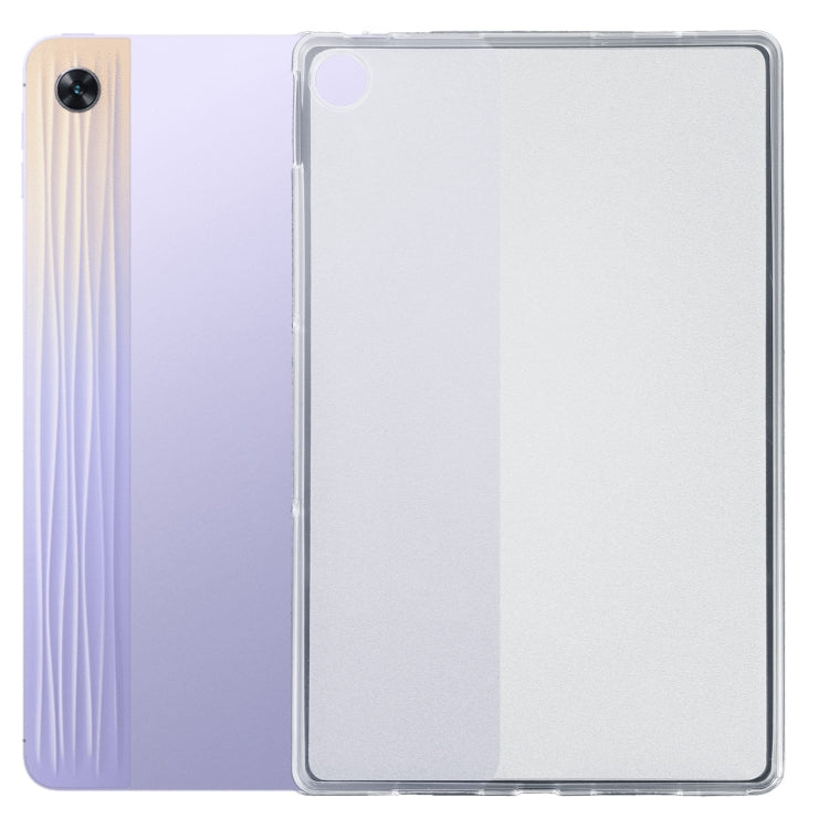 Frosted clear TPU tablet case with camera cutout on a purple tablet back