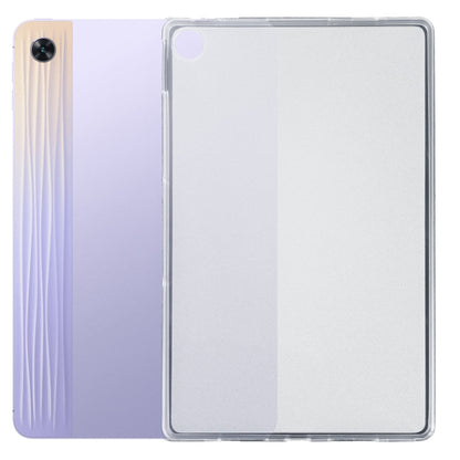 Frosted clear TPU tablet case with camera cutout on a purple tablet back