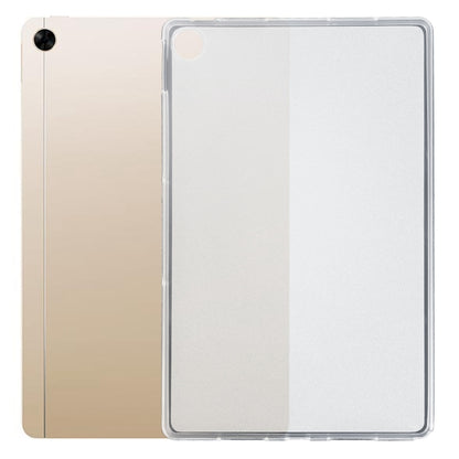 Frosted clear TPU tablet case with camera opening on a beige tablet back