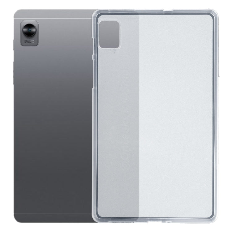 Clear TPU tablet case with camera cutout on a dark gray tablet back