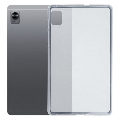 Clear TPU tablet case with camera cutout on a dark gray tablet back