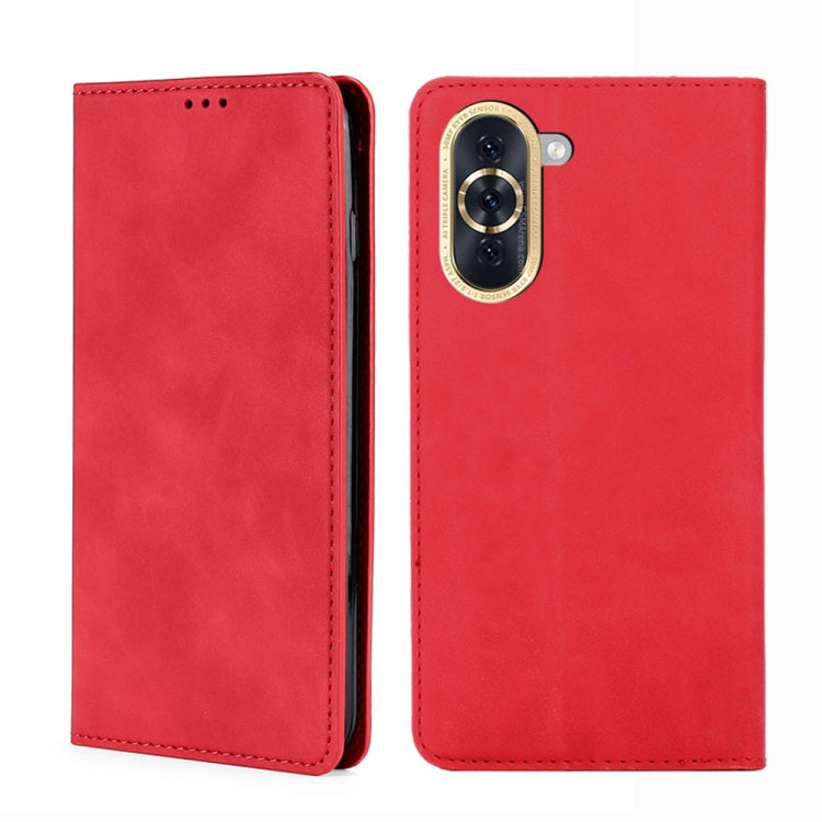 Red leather phone flip case with magnetic closure, visible camera cutout and stitching