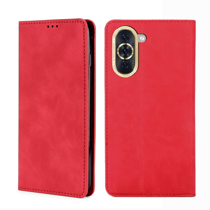 Red leather phone flip case with magnetic closure, visible camera cutout and stitching